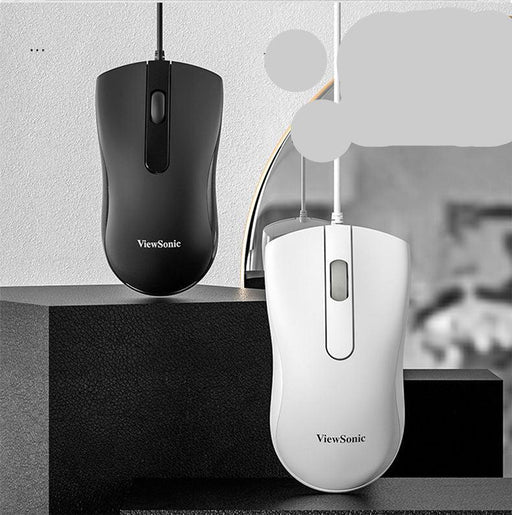 Two ViewSonic computer mice, one black and one white, on a gray surface with a blurred background.