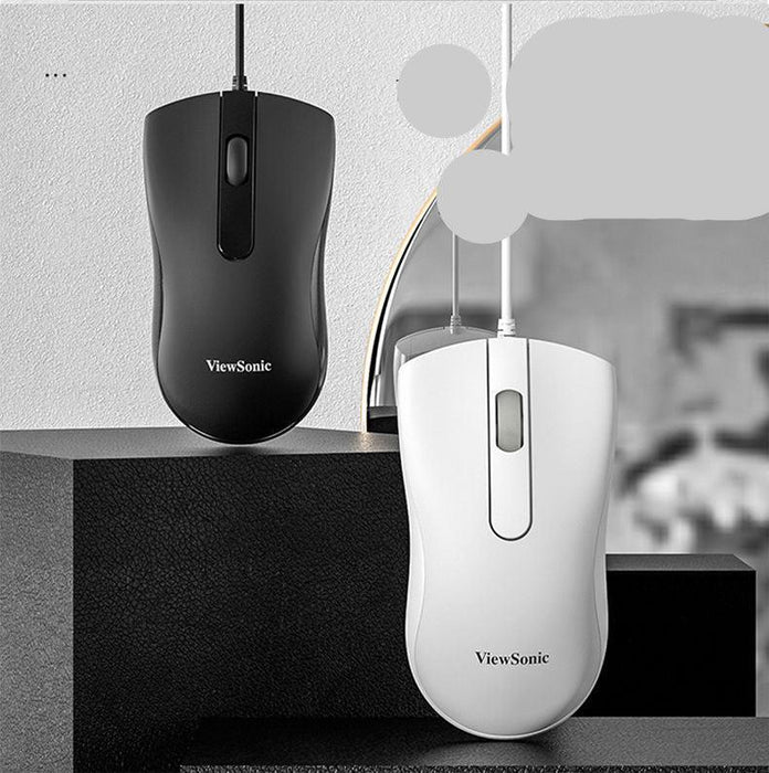 Two ViewSonic computer mice, one black and one white, on a gray surface with a blurred background.
