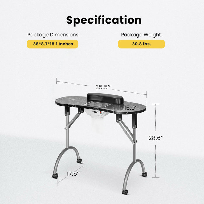 Portable table with dimensions and weight specifications on a white background