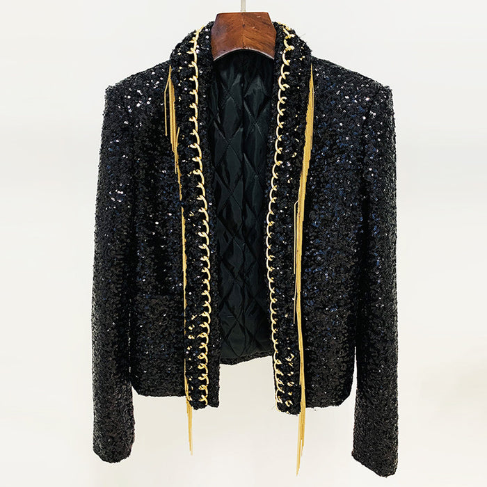 Black textured jacket with gold trim on a white background