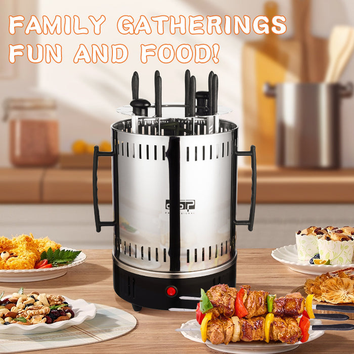 Stainless steel barbecue grill on a table with food and utensils, text 'Family Gatherings Fun and Food!' above.