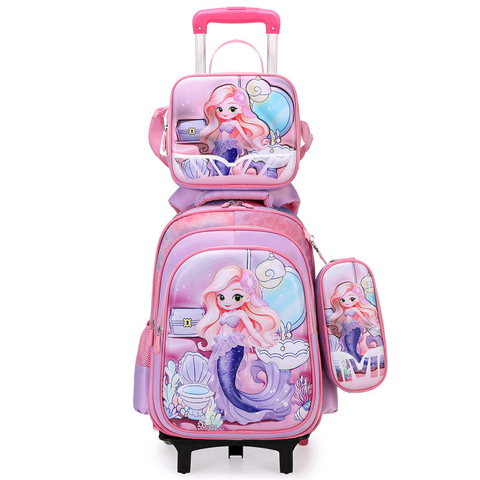 Pink mermaid-themed school backpack with lunch bag and pouch on a white background