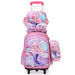 Pink mermaid-themed school backpack with lunch bag and pouch on a white background