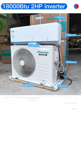 Hisense air conditioner with dimensions and specifications displayed on a cardboard box.