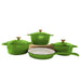 Set of green cookware with lids on a white background