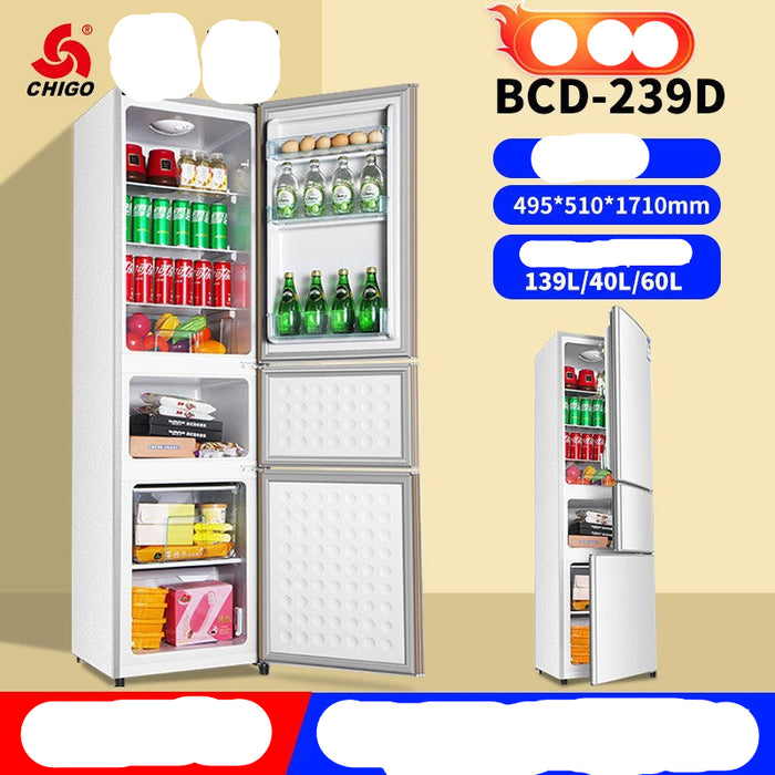  refrigerator with open doors displaying various items on a beige background