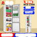  refrigerator with open doors displaying various items on a beige background