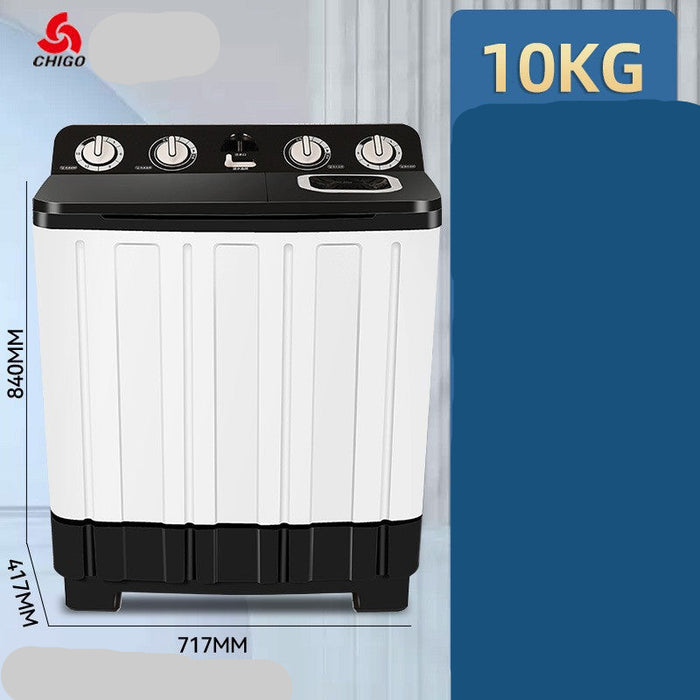 Washing machine with specifications on a blue background