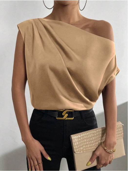 Satin Imitation Silk Irregular Shoulder Sleeveless Pullover Shirt for Women - Dio Kollections