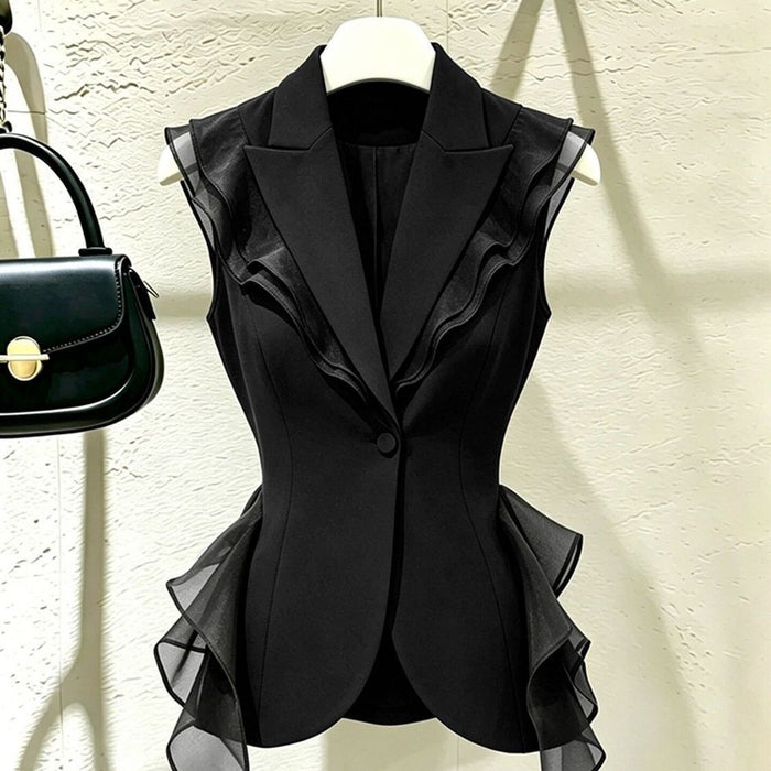 Dio Elegant Black Ruffled Top Stylish French Vest Sophisticated