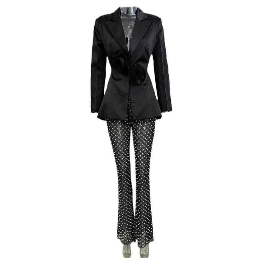 Three-Dimensional Flower Pearl Sequined Mesh Trousers Suit - Dio Kollections