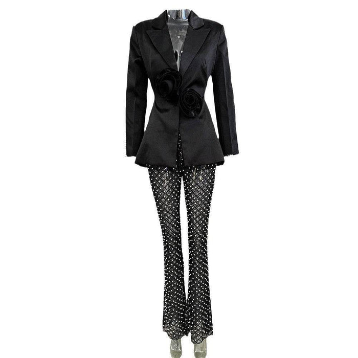 Three-Dimensional Flower Pearl Sequined Mesh Trousers Suit - Dio Kollections