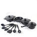 Set of black cookware with lids and kitchen utensils on a white background