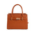 A structured cognac brown crocodile-embossed leather handbag with double top handles and gold-tone hardware, shown against a plain white background.