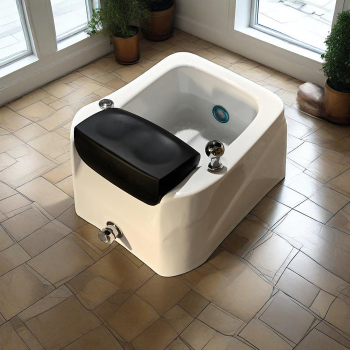 White bidet with black seat on a tiled floor, surrounded by plants and windows.