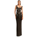 Black evening gown with floral embellishments on a white background
