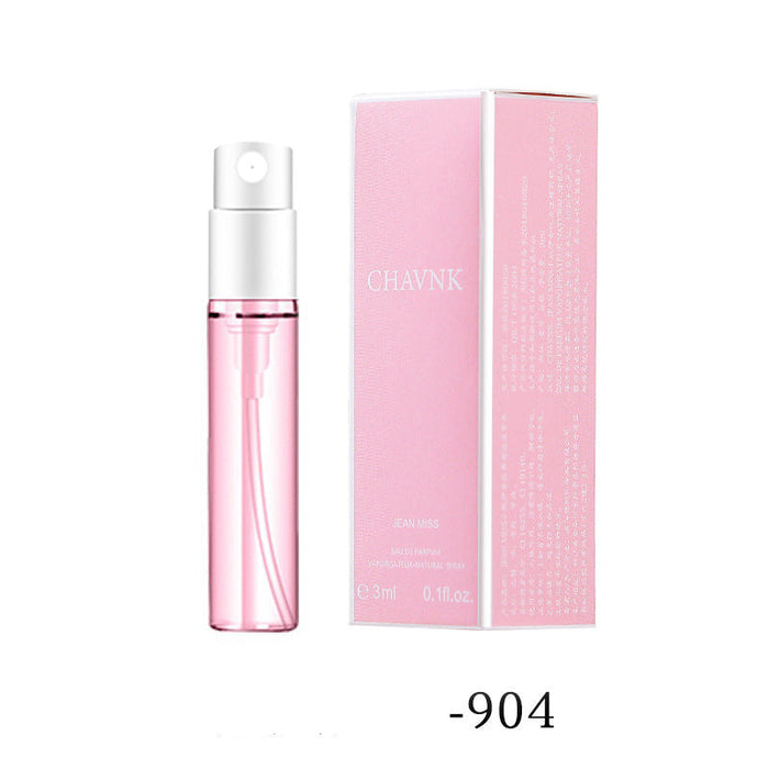 Pink perfume bottle and packaging with 'CHAVINK' branding on a white background