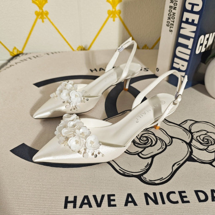 French Satin Shallow Floral Fairy Style Open Back Pumps Wedding Shoes