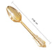 Gold spoon with decorative handle and measurement details on a white background