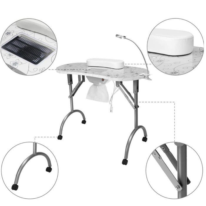 Portable folding table with solar panel and lamp on a white background