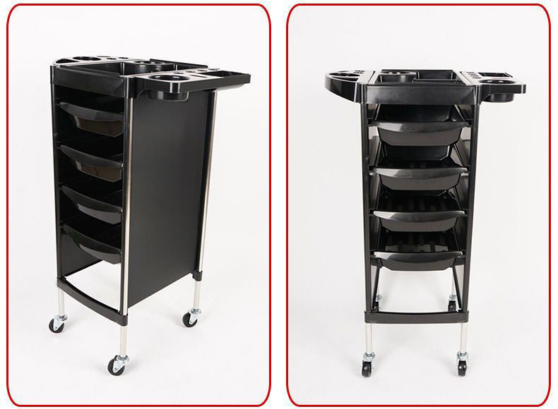 Black rolling cart with multiple shelves on a white background