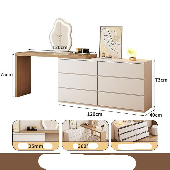 Wooden dresser with mirror and measurements on a white background