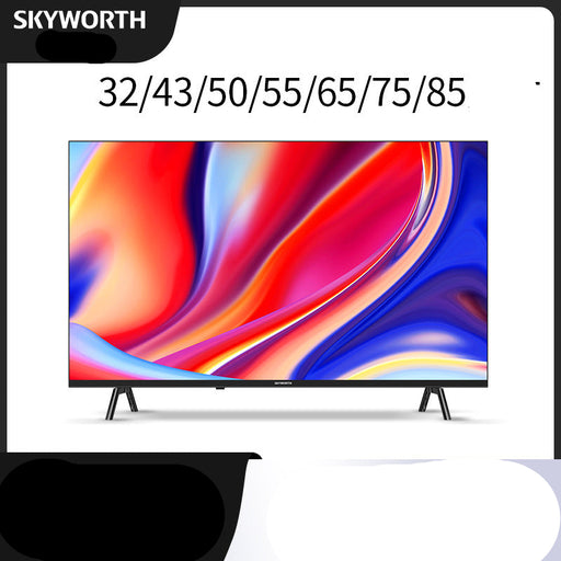 SKYWORTH television display with colorful screen and size options on a white background