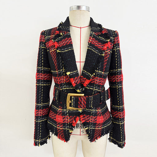 Plaid jacket with red and black pattern on a mannequin against a white background