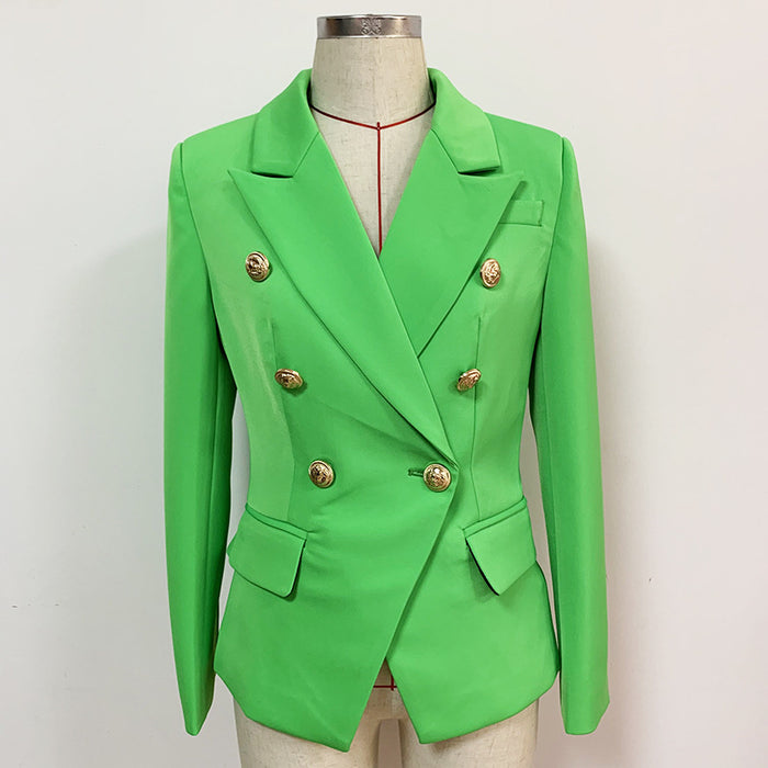 Green blazer with gold buttons on a mannequin against a white background