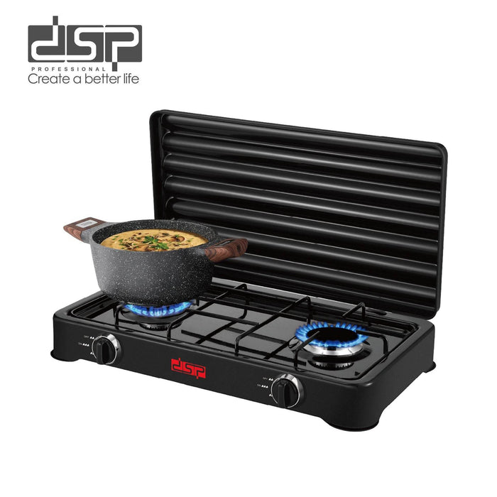 Black portable gas stove with a pot of food on a white background, featuring the DSP brand.