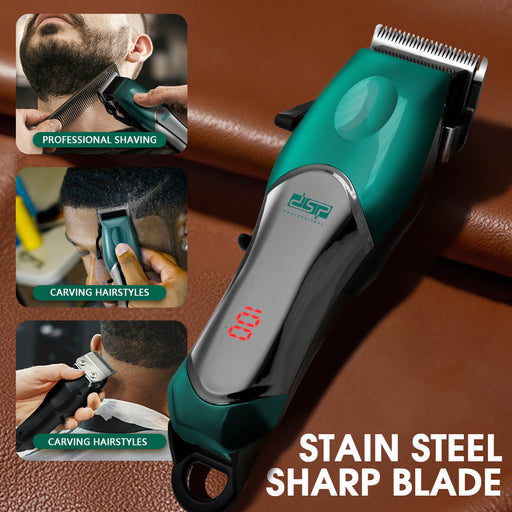 Green hair trimmer with digital display on a brown leather background, featuring text on uses and blade material.