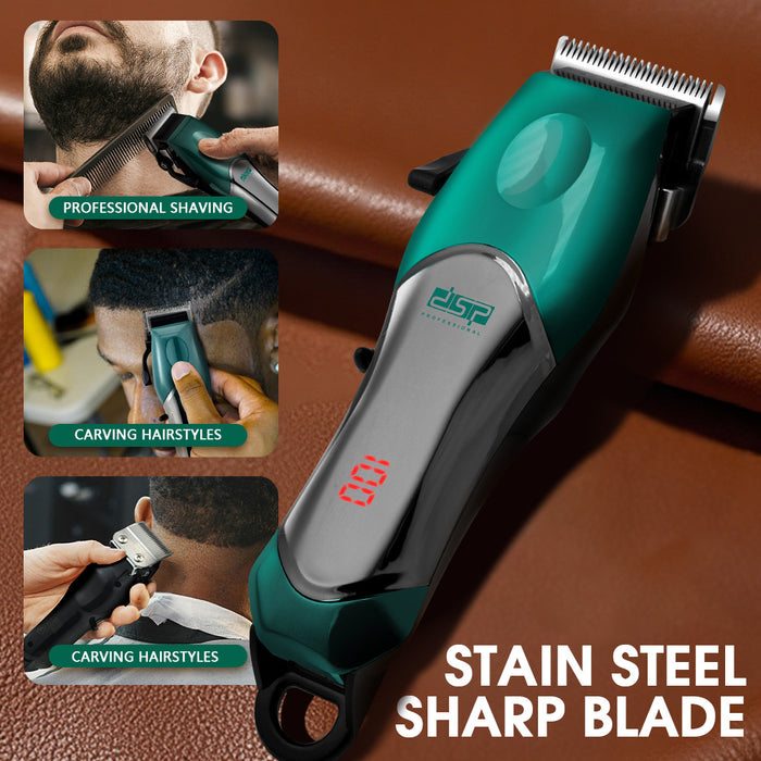 Green hair trimmer with digital display on a brown leather background, featuring text on uses and blade material.