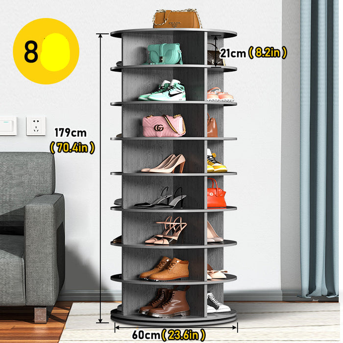 Shoe rack with various shoes and handbags on shelves, labeled with dimensions.