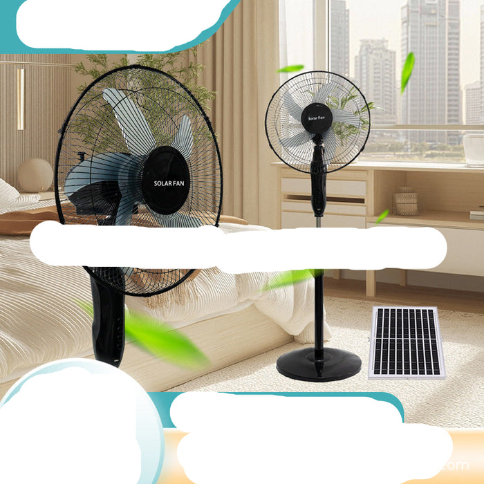 Solar-powered standing fans with a solar panel in a room setting.