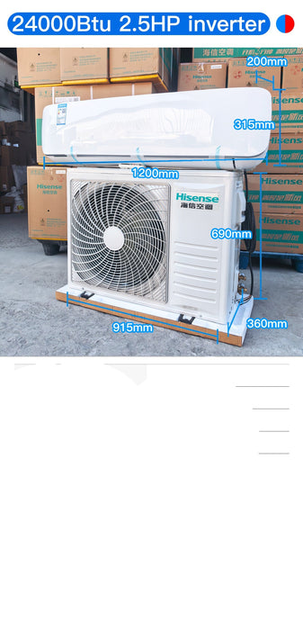 Hisense air conditioner with technical specifications on a warehouse background