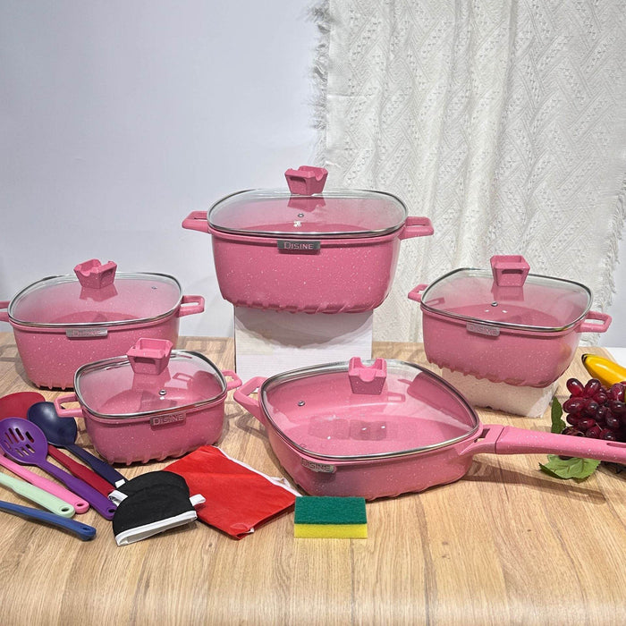 25-Piece Premium Non-Stick Medical Stone Cookware Set in Black and Pink - Dio Kollections