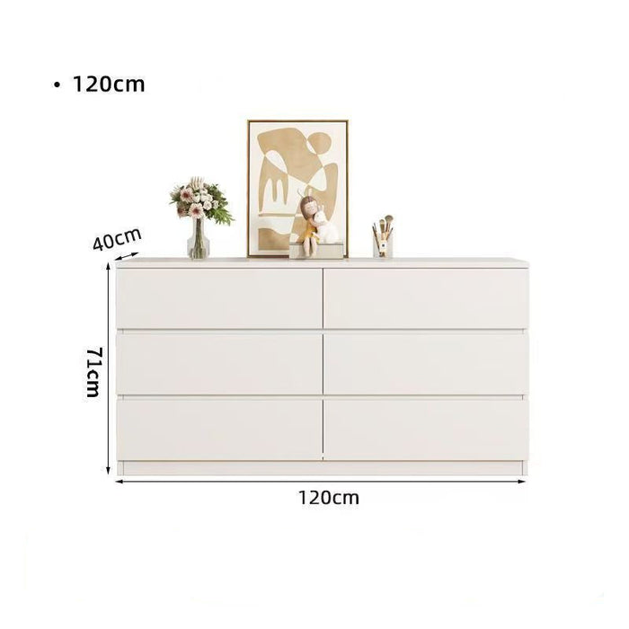 White dresser with dimensions and features on a white background