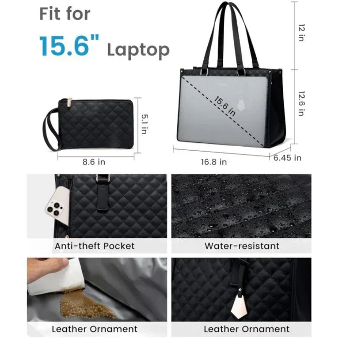 Black laptop bag with measurements and features highlighted on a white background