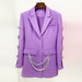 Purple blazer with pearl details on a white background