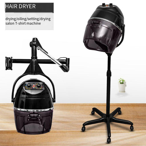 Hair dryer machine on a stand with text indicating its use for drying, oiling, and setting salon T-shirts.