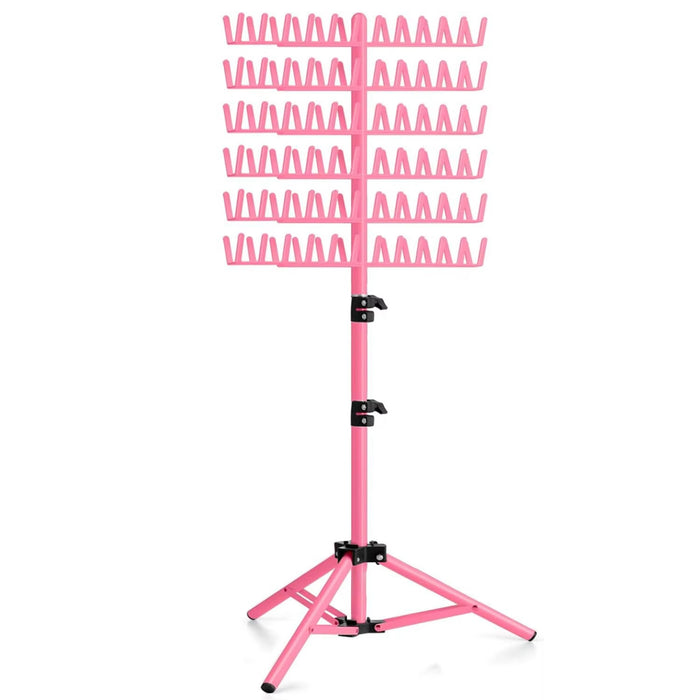 Pink metal stand with multiple hooks on a white background