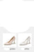 Two pairs of high-heeled shoes in gold and white on a plain background.