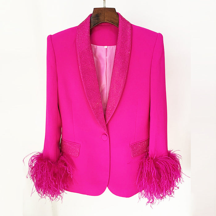 Celebrity Fashion Luxury Ostrich Real Feather Rhinestone Green Fruit Collar Blazer
