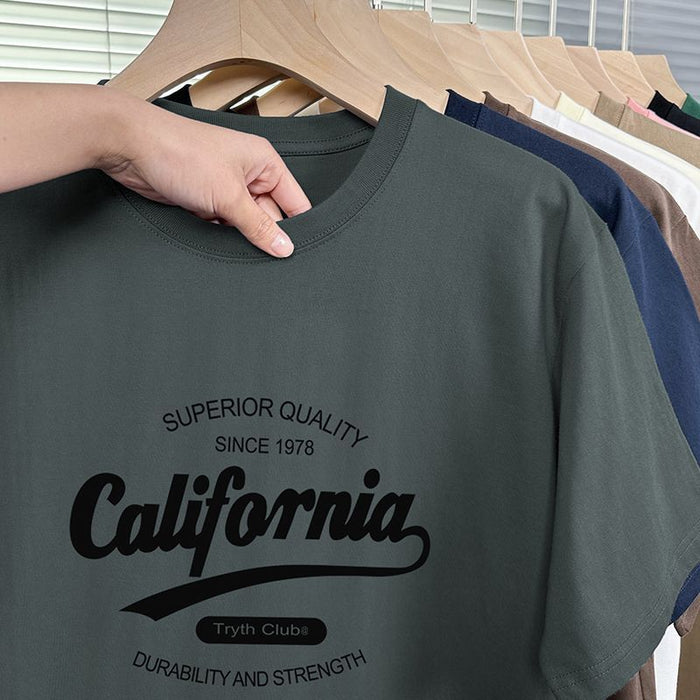 Gray t-shirt with 'California' text on a hanger
