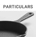 Black cast iron skillet on a light gray background with 'PARTICULARS' text above.