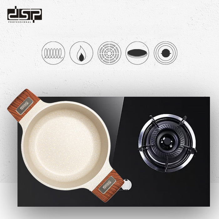 Induction cooktop with frying pan and gas stove, featuring the DSP brand.