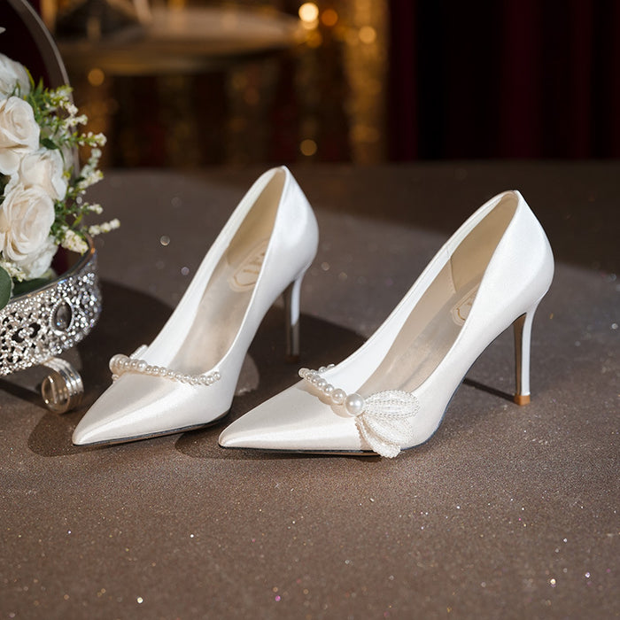 High-end Pearl French Satin Plus Size Wedding Shoes 41-43