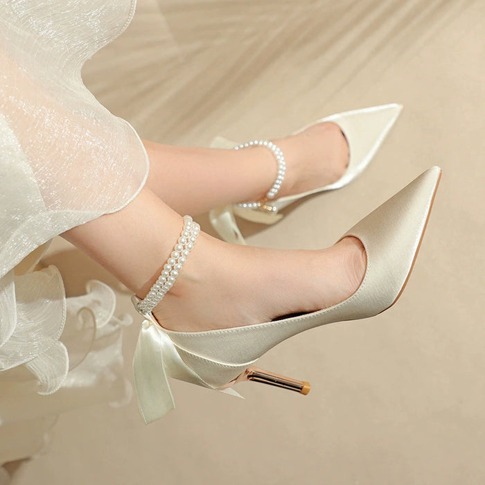 Pointy High Heels Thin heels 2024 New Bow Pearl Trip Srap Work Shoes Fashion Light Mouth Sexy Shoes - Dio Kollections