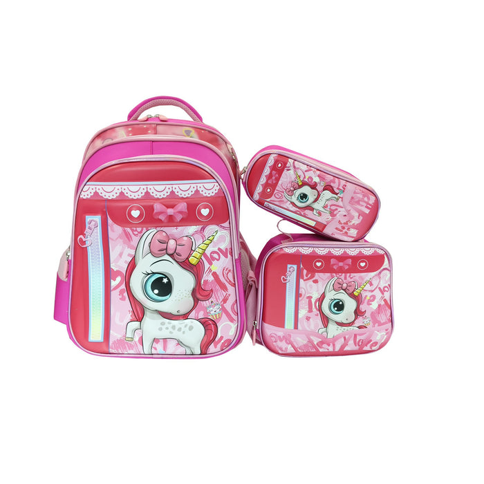 Pink backpack and pencil case set with cartoon character on a white background