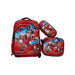 Red superhero-themed backpack with matching pencil case and lunch bag on a white background